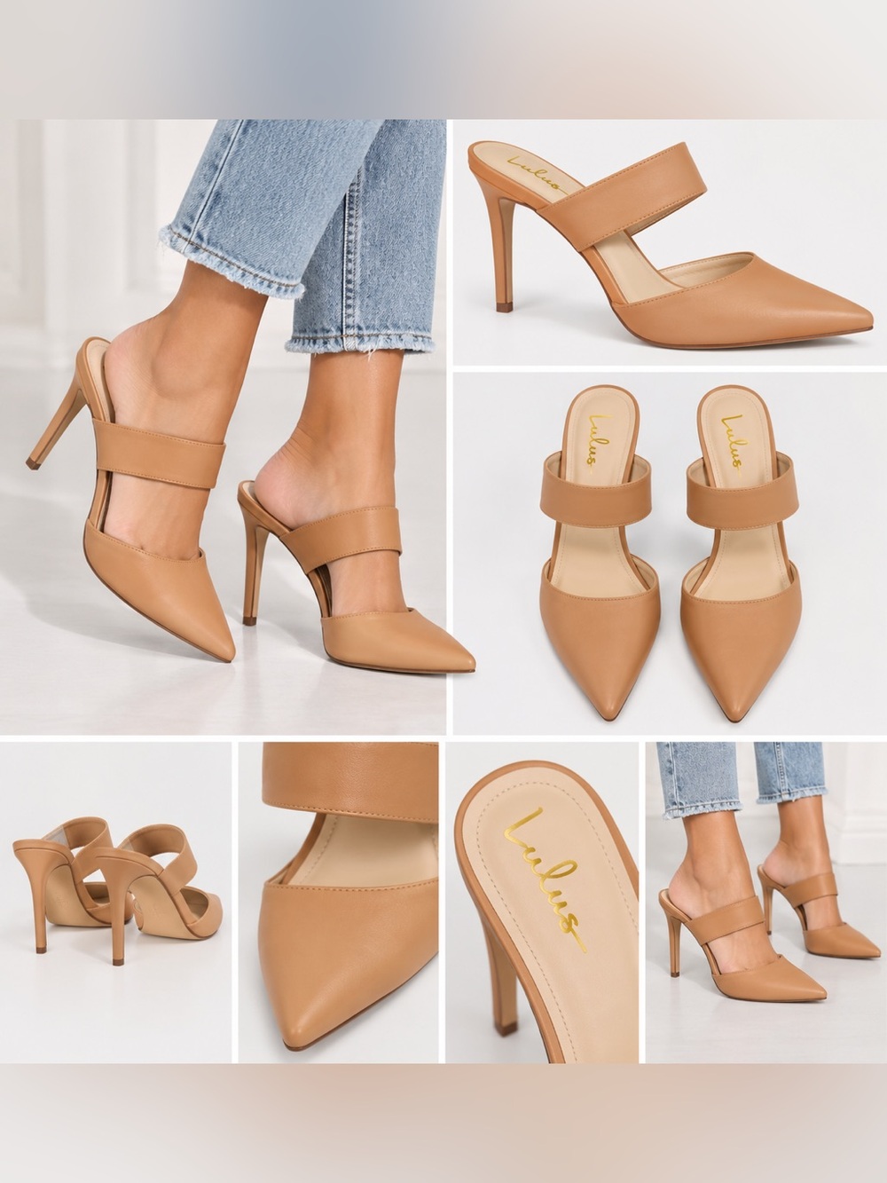 Lulus Tan Nude Pointed Toe Double Strap Mule Heels Size 8.5 NWT